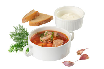 bowl of beet root soup borsch isolated on white background
