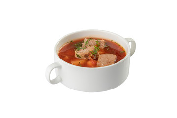 bowl of beet root soup borsch isolated on white background