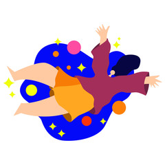 girl hovering in space girl dreaming floating in space with planets and stars blue sky red top yellow shorts happy joyful spreading her arms twinkling stars 