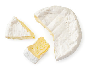 Cheese with white mold and two pieces on a white background. The view of top.