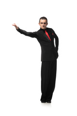 stylish, sensual tango dancer looking at camera while inviting to dance on white background