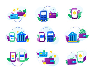 Money transaction, online banking service, mobile payments and transfers. Conceptual flat doodle bank, smartphone, wallet, credit card, coins icons in purple, blue, green colors.