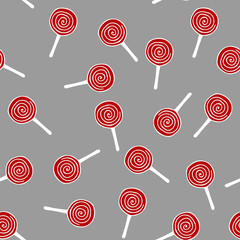 Red and white swirl lollipop seamless pattern . illustration for birthday, new year, Christmas greeting card, invitation on gray background.