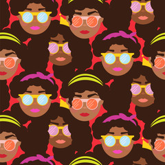 Cute girls with sunglasses seamless vector pattern. Teenager women bold patch texture.