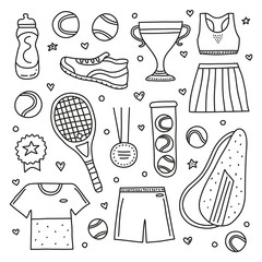 Set of doodle outline big tennis and sport items, equipment, clothes isolated on white background.