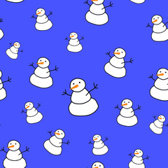 Cute snowman blue background. Christmas seamless pattern. season illustration. Winter patterns.