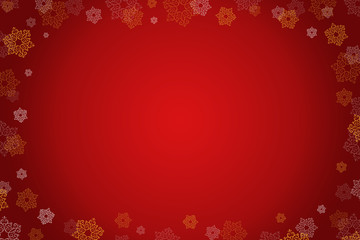 Christmas red gradient Background With Frame Of golden, white Snowflakes. Decorative Frame of snowflakes on the redbackground.