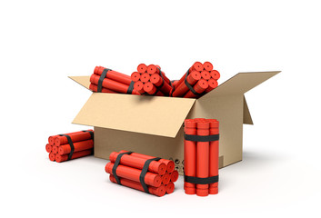 3d rendering of tnt dynamite sticks in carton box.