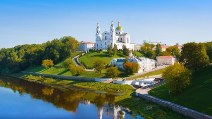 Holy Assumption Cathedral of Assumption on hill and Holy Spirit convent and Western Dvina River in summer. Vitebsk
