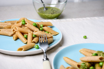 Whole grain penne pasta.