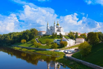Naklejka premium Holy Assumption Cathedral of Assumption on hill and Holy Spirit convent and Western Dvina River in summer. Vitebsk