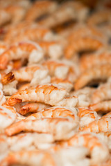 Close up of grilled giant shrimps, Nishiki Market, Kyoto, Japan