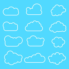 Cloud line icon set. Different cloud shapes. Vector illustration on blue background.