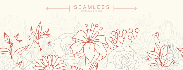 Tropical flowers border seamless pattern in sketch style on white background - hand drawn exotic blooms of hibiscus, protea, magnolia and plumeria with colorful line contour. Vector illustration - obrazy, fototapety, plakaty