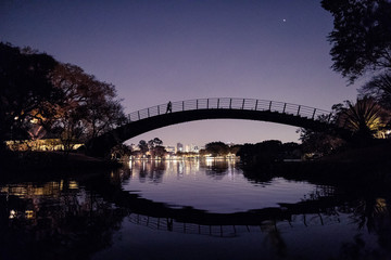 Fototapeta na wymiar Corredor solitário cruza ponte sobre lago durante treino noturno na cidade de São Paulo