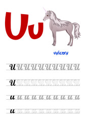 Design page layout of the English alphabet to teach writing upper and lower case letter U with funny cartoon Unicorn. Flat style. Vector illustration
