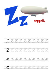 Fototapeta na wymiar Design page layout of the English alphabet to teach writing upper and lower case letter Z with funny cartoon Zeppelin. Flat style. Vector illustration
