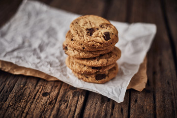 Chocolate chip cookies, Sweet biscuits, Concept for a tasty snack.