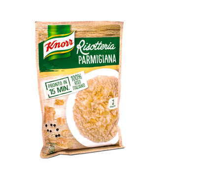 Italy - november 8, 2019: packet of dehydrated parmesan rice ready to be cooked by Knorr