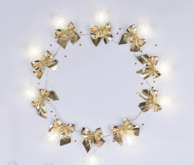 Christmas composition round frame of toys and decor on a white background Flat lay, top view, copy space.
