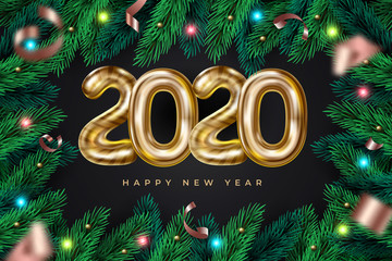 Realistic Happy New 2020 Year wreath frame with garland. Vector festive background with pine branches and 2020 text for invitation, greeting card and banner.
