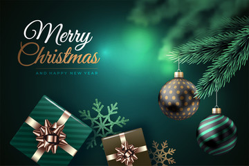 Modern Merry Christmas background with balls and gifts. Happy New Year vector luxury banner design. Season winter. Suitable for print design, postcards, website.