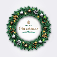 Fototapeta na wymiar Realistic Merry Christmas Wreath with stars, ribbons, golden and silver balls. Happy New Year Decorative pine branches. Suitable for invitation, greeting card, print design.