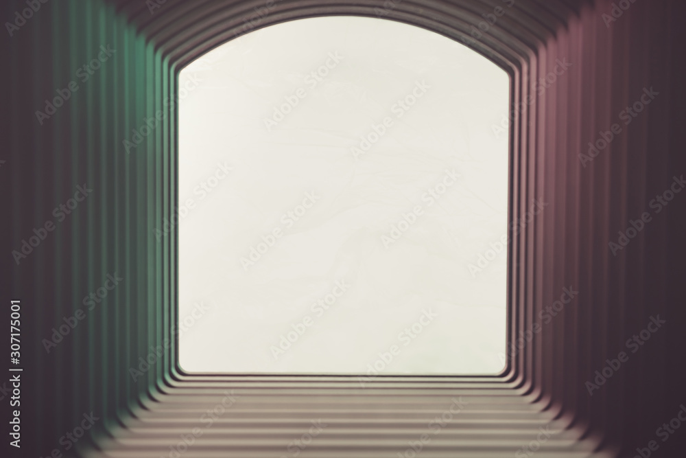 Poster Beautiful abstract gray tunnel with color light on a white shine in the end background.