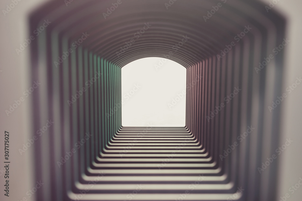 Poster beautiful abstract gray tunnel with color light on a white shine in the end background.