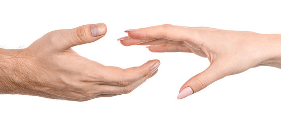 Female and male caucasian hands  isolated white background showing gesture reach for each other with fingers, love. woman and man hands showing different joint gestures