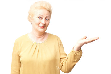 portrait of a cheerful grandmother on a white background