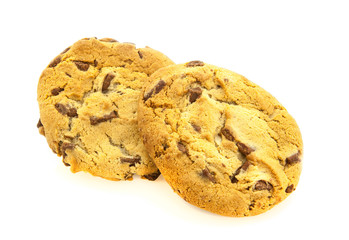 Two Chocolate chips cookies on a white Background