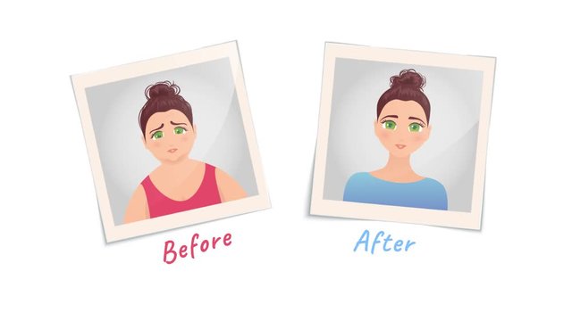 Woman before and after weight loss. Cartoon animation of two pictures. Transformation to perfect body motion graphics. Successful diet and beauty concept. 