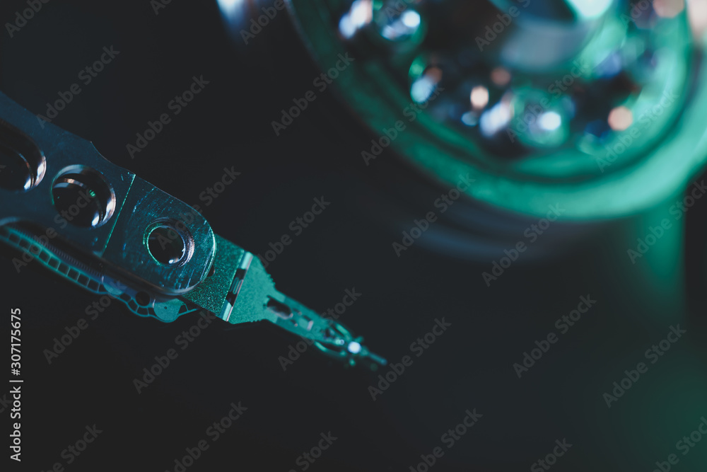 Poster Close up detail of an open hard disk background. Macro photography view.