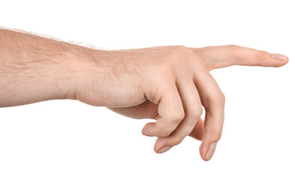 male caucasian hands isolated white background showing gesture points finger to something or someone. man hands showing different gestures. forefinger