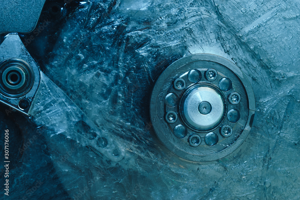 Poster close up open detail frozen hard disk background. concept protection information or save usser data.