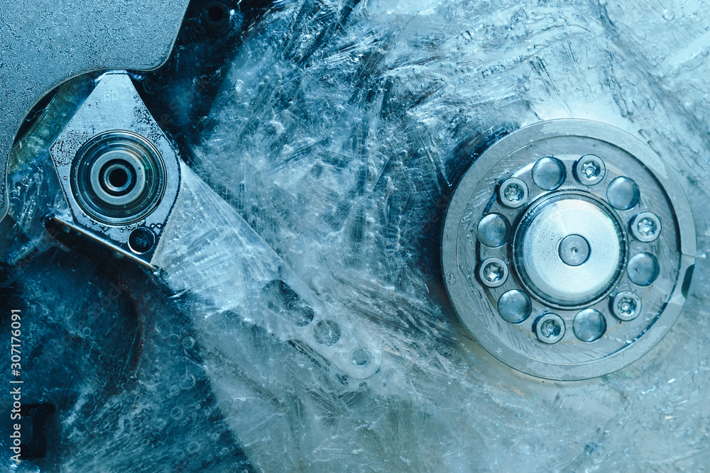 Poster close up open detail frozen hard disk background. concept protection information or save usser data.