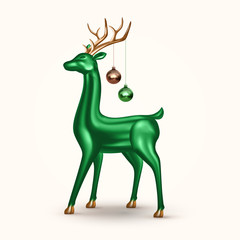 Realistic green glass deer with Christmas balls. Vector holiday decoration for banner, postcard, website