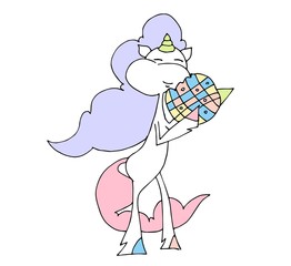 Cute fabulous unicorn isolated on a white background. Unicorns eats cookies with pleasure.