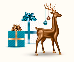 Happy New Year and Merry Christmas. Realistic 3d glass deer, Xmas balls and gifts. Vector holiday illustration for banner, postcard, website