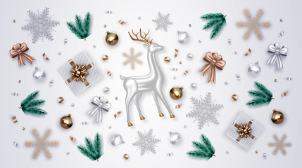 Realistic decorative Christmas top view composition. Silver glass deer, pine branches, gifts, ornaments, snowflakes, golden Xmas balls. Vector festive illustration for banner, website, greeting card.