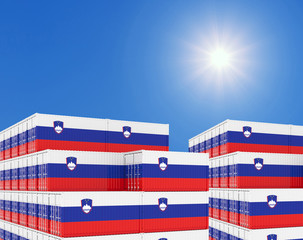 Container yard full of containers with flag of Slovenia Flag. 3d illustration.