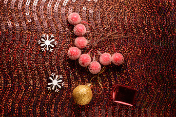 Toys and decor for Christmas tree. Gold balls.