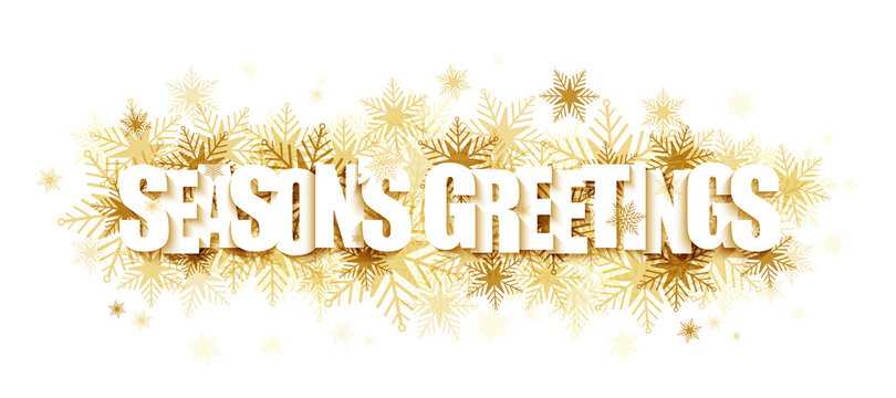 SEASON'S GREETINGS seasonal typography banner on gold snowflake background