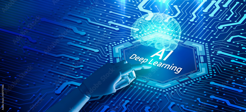 Poster robot finger point to ai deep learning word with blue tone image.artificial intelligence brain on bl