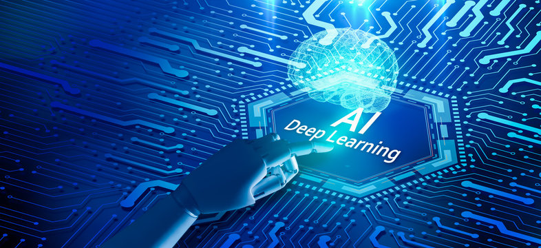 Robot finger point to AI deep learning word with blue tone image.Artificial intelligence brain on blue integrated circuit background.Artificial intelligence (AI) and machine learning concept.