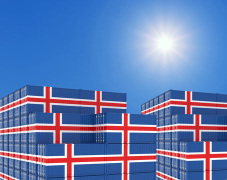 ainer yard full of containers with flag of Iceland Flag. 3d illustration.