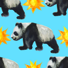Watercolor seamless pattern with panda hand drawing decorative background. Print for textile, cloth, wallpaper, scrapbooking