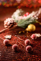 Christmas decor. New Year's toys, gifts, snow, sock.