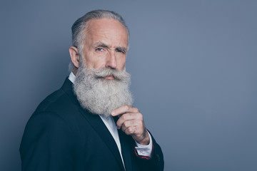 Close-up profile side view portrait of his he nice attractive suspicious well-groomed gray-haired...